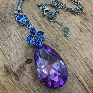 C Est. 1946 Faux Gemstone Glass Teardrop Purple Blue Silver Tone Chain Necklace
